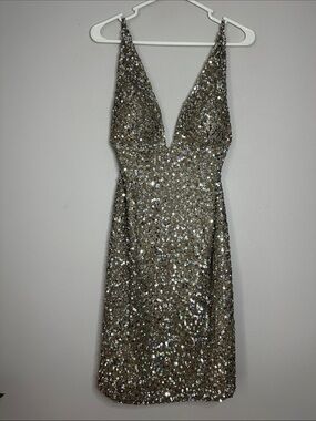 Scala Silver Sequin Plunge V-Neck Cocktail Dress size M